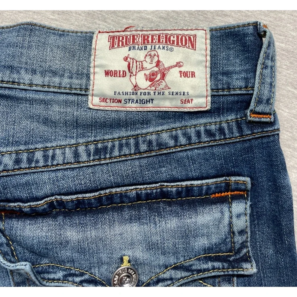 True Religion Jeans Men 36 Blue Medium Wash Denim Cotton Straight Leg Distressed
